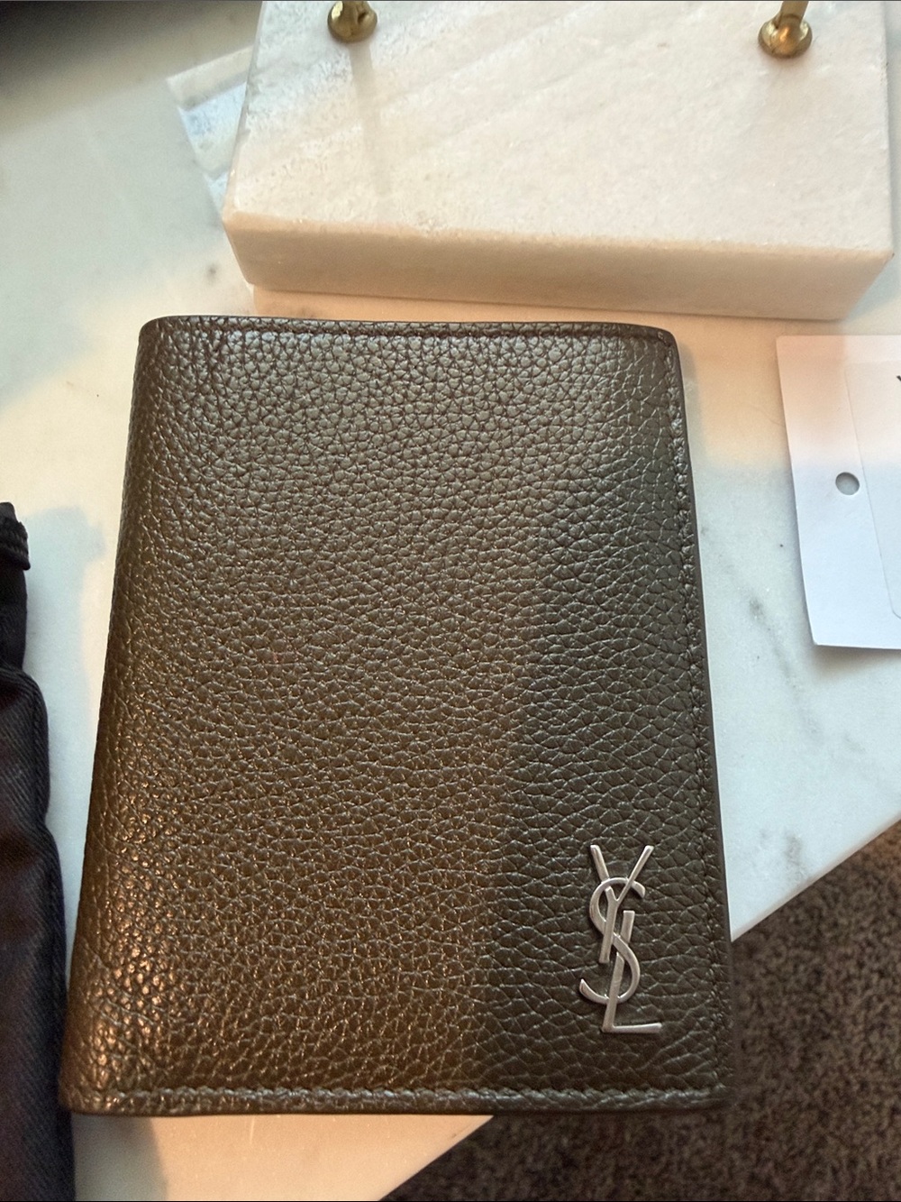 Saint Laurent Olive Brown Pebbled Leather Card Holder with Silver YSL
